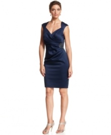 Jessica Howard's petite dress is cut from shimmering satin and adorned with a sequined embellishment at the waist. Jessica Howard's petite dress is cut from shimmering satin and adorned with a sequined embellishment at the waist.