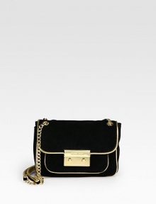 An elegant design in soft suede with metallic leather trim.Chain and leather double shoulder strap, 13½ dropPush-lock flap closureOne open pocket under flapThree inner compartmentsOne inside zip pocketOne inside open pocketSix credit card slotsCotton lining8W X 5½H X 2½DImported An elegant design in soft suede with metallic leather trim.Chain and leather double shoulder strap, 13½ dropPush-lock flap closureOne open pocket under flapThree inner compartmentsOne inside zip pocketOne inside open pocketSix credit card slotsCotton lining8W X 5½H X 2½DImported
