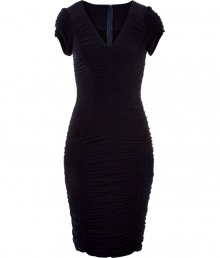 With all-over draped details and a flattering figure-hugging silhouette, this Donna Karan cocktail dress is ultra sophisticated - V-neck, cap sleeves, all-over ruche detail, seaming, fitted silhouette, concealed back zip closure - Pair with a slim trench, statement heels, and a leather clutch With all-over draped details and a flattering figure-hugging silhouette, this Donna Karan cocktail dress is ultra sophisticated - V-neck, cap sleeves, all-over ruche detail, seaming, fitted silhouette, concealed back zip closure - Pair with a slim trench, statement heels, and a leather clutch