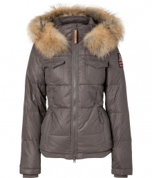 Stay warm in style this season in True Religions matte finish quilted down jacket, detailed with cozy raccoon fur trim for an ultra luxe finish - Stand-up collar, hood with removable fur trim, long sleeves with stitched flag patch, two-way front zip, zippered and buttoned front pockets, contrast ribbed knit hidden cuffs and hemline - Flattering slim, straight fit - Team with cozy knit accessories and statement boots
