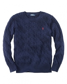 Classic long-sleeved crewneck sweater in an ultra-soft cabled cotton. Classic long-sleeved crewneck sweater in an ultra-soft cabled cotton.