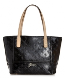 A pretty patent look that brings the shine. This perfectly portable tote features polished gold-tone hardware, an embossed exterior and sleek contrast trim. A pretty patent look that brings the shine. This perfectly portable tote features polished gold-tone hardware, an embossed exterior and sleek contrast trim.