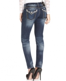 Rhinestones and sequins add glam to these Miss Me skinny jeans -- perfect for sparkly eye-catching appeal! Rhinestones and sequins add glam to these Miss Me skinny jeans -- perfect for sparkly eye-catching appeal!