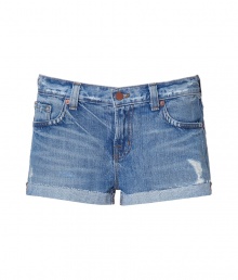 Bring new-season style to your warm weather look with these ultra-flattering leg-baring hot pants from J Brand - Five-pocket style, short mini length, cuffed hem - Style with a distressed tee and flats or a billowy boho blouse and wedges