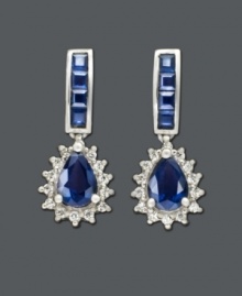 Dramatic dangling earrings are just the finishing touch. These royalty-inspired earrings feature pear-cut and square-cut sapphire (2-1/2 ct. t.w.) and round-cut diamond (1/4 ct. t.w.). Set in 14k white gold. Approximate drop: 1 inch. Dramatic dangling earrings are just the finishing touch. These royalty-inspired earrings feature pear-cut and square-cut sapphire (2-1/2 ct. t.w.) and round-cut diamond (1/4 ct. t.w.). Set in 14k white gold. Approximate drop: 1 inch.