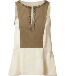 Elegant sleeveless top in off-white viscoses features beige insert and decorative darts - Slotted round neckline is lined with a decorative chain - Slim silhouette moves into slightly ruffled waist - Pair with skinny jeans and ballet flats for a casual weekend look