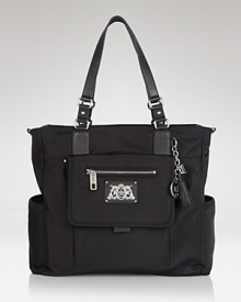 Ideal for moms on the go, this chic nylon baby bag from Juicy Couture features an easy-to-carry shape, changing pad, and pockets for all the essentials. Ideal for moms on the go, this chic nylon baby bag from Juicy Couture features an easy-to-carry shape, changing pad, and pockets for all the essentials.