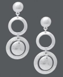 Chic shapes add dimension to any look. Touch of Silver's multi-circle earrings combine solid and cut-out circles in three, linear drops. Crafted in silver-plated brass with a sterling silver post backing. Approximate drop length: 1-1/2 inches. Approximate drop width: 3/5 inch. Chic shapes add dimension to any look. Touch of Silver's multi-circle earrings combine solid and cut-out circles in three, linear drops. Crafted in silver-plated brass with a sterling silver post backing. Approximate drop length: 1-1/2 inches. Approximate drop width: 3/5 inch.