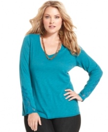 Lace insets lend an on-trend touch to Lucky Brand Jeans' long sleeve plus size top.