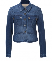 With a sharply tailored cropped cut and cool denim wash, Burberry Brits jean jacket is a dressy take on this must-have style - Classic collar, long sleeves, buttoned cuffs, button-down front, buttoned flap pockets, gathered peplum-like hemline - Cropped, tailored fit - Wear with a tailored blouse and figure-hugging pencil skirt With a sharply tailored cropped cut and cool denim wash, Burberry Brits jean jacket is a dressy take on this must-have style - Classic collar, long sleeves, buttoned cuffs, button-down front, buttoned flap pockets, gathered peplum-like hemline - Cropped, tailored fit - Wear with a tailored blouse and figure-hugging pencil skirt