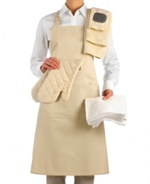 A kitchen made in minutes! A comprehensive set of tools takes you from prep to clean and everything in between. Includes a scrubber cloth, khaki apron, two oven mitts and more so you're all set to master your space. A kitchen made in minutes! A comprehensive set of tools takes you from prep to clean and everything in between. Includes a scrubber cloth, khaki apron, two oven mitts and more so you're all set to master your space.
