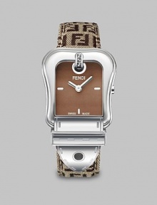 From the B. Fendi Collection. This beautiful timepiece features a brown dial and an iconic woven signature, leather backed strap. Swiss quartz movementWater resistant to 3 ATMRectangular stainless steel case, 36mm (1.4) X 30mm (1.1)Smooth bezelBrown dialBar hour markersBrown woven signature, leather backed strap, 20mm wide (0.7)Made in Switzerland 