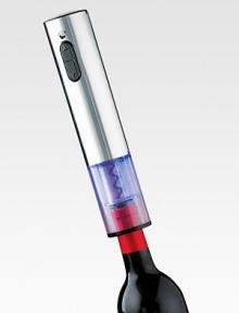 A wine opener as entertaining to watch as it is easy to use: see the blue light shine through the action window as the cork is smoothly extracted from your bottle and released with a simple press of a button. The blue light doubles as a nightlight when the corkscrew is recharging. Solid stainless steel body Includes a foil cutter that functions as a corkscrew stand 8-hour charge 9L X 3 diam. Imported A wine opener as entertaining to watch as it is easy to use: see the blue light shine through the action window as the cork is smoothly extracted from your bottle and released with a simple press of a button. The blue light doubles as a nightlight when the corkscrew is recharging. Solid stainless steel body Includes a foil cutter that functions as a corkscrew stand 8-hour charge 9L X 3 diam. Imported