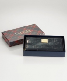 Stow your stash in signature style with this sophisticated silhouette from Lauren Ralph Lauren. Lustrous patent leather is adorned with the iconic LRL monogram print, while the pocket-lined interior keeps you exquisitely organized. Presented in a signature gift box. Stow your stash in signature style with this sophisticated silhouette from Lauren Ralph Lauren. Lustrous patent leather is adorned with the iconic LRL monogram print, while the pocket-lined interior keeps you exquisitely organized. Presented in a signature gift box.
