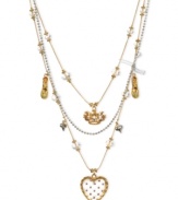 A heart in the right place. This three-row illusion necklace from Betsey Johnson is crafted from gold-tone and silver-tone mixed metal with colorful glass crystals and beads adorning it for a stylish touch. Approximate length: 16 inches + 3-inch extender. Approximate drop: 4 inches.