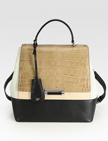 Crocodile embossed leather, snake embossed leather and smooth leather come together in a colorblock design.Top handle, 4½ dropDetachable adjustable shoulder strap, 19-21½ dropPush-clasp flap closureCenter stud strapProtective metal feetOne outside zip pocketOne inside zip pocketThree inside open pocketsFully lined10W X 11½H X 4¾DImported Crocodile embossed leather, snake embossed leather and smooth leather come together in a colorblock design.Top handle, 4½ dropDetachable adjustable shoulder strap, 19-21½ dropPush-clasp flap closureCenter stud strapProtective metal feetOne outside zip pocketOne inside zip pocketThree inside open pocketsFully lined10W X 11½H X 4¾DImported