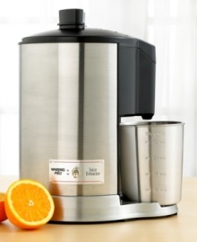 Drink to your heart's content with this super juicer from Waring. Its ultra-efficient juice extraction method allows you to capture more of the essence of every piece of fruit or vegetable you feed into the machine. Comes with an extra-large, 3-1/2 feed tube and 32 oz. stainless steel juice catcher. Its sleek stainless steel exterior with solid, die-cast base and cushioned feet keep it sitting pretty during operation. Juicer's safety interlock system ensures operation won't start until lid is securely in place. Carries Waring's 5-year limited warranty on motor and 1-year limited appliance warranty. Model #JEX328. Drink to your heart's content with this super juicer from Waring. Its ultra-efficient juice extraction method allows you to capture more of the essence of every piece of fruit or vegetable you feed into the machine. Comes with an extra-large, 3-1/2 feed tube and 32 oz. stainless steel juice catcher. Its sleek stainless steel exterior with solid, die-cast base and cushioned feet keep it sitting pretty during operation. Juicer's safety interlock system ensures operation won't start until lid is securely in place. Carries Waring's 5-year limited warranty on motor and 1-year limited appliance warranty. Model #JEX328.
