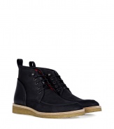 Finished with a cool crepe sole, Marc Jacobs navy suede boots are a must for contemporary casual looks - Rounded toe, waxed cotton laces, tonal leather counter, pull tab, cream stitched natural leather welt, crepe rubber sole - Team with favorite jeans, or for a modern-preppy edge, with chic colored cords
