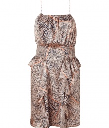 Elegant dress in fine patterned silk - From Sienna Millers fashion label Twenty8Twelve - Sleeveless with narrow shoulder straps - Accentuated waist and subtle ruched ruffles and draping on skirt - Hem falls at knee - Perfect downtown look with stilettos, think leather jacket and clutch