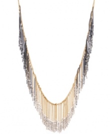 Fringe benefits. With this stylish long statement necklace, Kenneth Cole New York conveys boho chic at its best! Crafted in gold tone mixed metal, it's elaborately embellished with chains and silver tone faceted glass beading. Approximate length: 34 inches. Approximate drop: 2-3/4 inches. Fringe benefits. With this stylish long statement necklace, Kenneth Cole New York conveys boho chic at its best! Crafted in gold tone mixed metal, it's elaborately embellished with chains and silver tone faceted glass beading. Approximate length: 34 inches. Approximate drop: 2-3/4 inches.