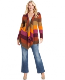 Stay warm this season with Charter Club's long sleeve plus size cardigan, featuring vibrant stripes.