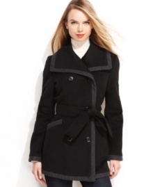Try a new take on colorblocking with Kenneth Cole Reaction's belted wool-blend coat. Classic double-breasted styling and subtly contrasting trim create a refined look. Try a new take on colorblocking with Kenneth Cole Reaction's belted wool-blend coat. Classic double-breasted styling and subtly contrasting trim create a refined look.
