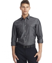 Add some sleek style to your shirt collection with this chambray button down by Kenneth Cole Reaction. Add some sleek style to your shirt collection with this chambray button down by Kenneth Cole Reaction.