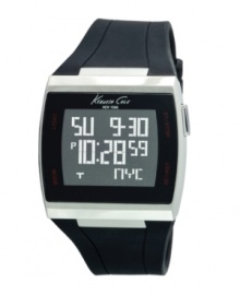 Innovative technology and avant-garde style unite in this ultra-modern watch by Kenneth Cole New York. Black rubber strap and square stainless steel case. Touch screen digital display dial features time, date display, stopwatch and backlight. Quartz movement. Water resistant to 30 meters. Limited lifetime warranty. Innovative technology and avant-garde style unite in this ultra-modern watch by Kenneth Cole New York. Black rubber strap and square stainless steel case. Touch screen digital display dial features time, date display, stopwatch and backlight. Quartz movement. Water resistant to 30 meters. Limited lifetime warranty.