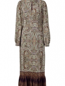 Super chic khaki multicolor print silk maxi-dress - Channel the of-the-moment bohemian trend in this luxe maxi-dress - Lovely paisley print and sexy keyhole neckline - Wear with wooden platforms and a resin necklace for a haute hippie look - Try with platform heels and a felt hat