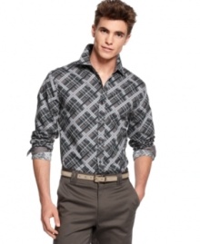 Plaid perfection. Dress up your casual Friday look with this shirt from Sons of Intrigue.