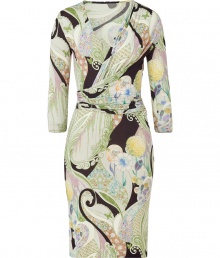 A fun floral print covers this figure-enhancing draped jersey frock from Etro - V-neck, three-quarter sleeves, faux-wrap top with draping at waistband, fitted silhouette, all-over print - Style with peep-toe pumps and a statement satchel A fun floral print covers this figure-enhancing draped jersey frock from Etro - V-neck, three-quarter sleeves, faux-wrap top with draping at waistband, fitted silhouette, all-over print - Style with peep-toe pumps and a statement satchel