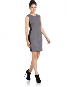 THE LOOKPrincess seams, front and backContrasting faux leather panelsExposed back zip closureTHE FITAbout 35 from shoulder to hemTHE MATERIALBody: polyester/rayon/spandexContrast: polyesterFully linedCARE & ORIGINDry cleanImportedModel shown is 5'11 (180cm) wearing US size Small. THE LOOKPrincess seams, front and backContrasting faux leather panelsExposed back zip closureTHE FITAbout 35 from shoulder to hemTHE MATERIALBody: polyester/rayon/spandexContrast: polyesterFully linedCARE & ORIGINDry cleanImportedModel shown is 5'11 (180cm) wearing US size Small.