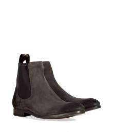 Inject high style to any look with these sophisticated suede ankle boots from Paul Smith - Rounded upturned toe, chunky heel, elasticized side panels, pull-on tab - Style with straight leg jeans and a cashmere pullover or a sleek suit