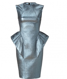 With an enchanted underwater-inspired hue and a sculptural silhouette this ultra-chic sheath from Hakaan is the ultimate statement dress - Round neck, sleeveless, pleated panels at bust, pencil skirt with exaggerated peplum side panels, seaming details, concealed back zip closure - Wear with statement heels and an embellished clutch