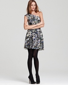A ruffled BCBGeneration one-shoulder dress boasts a black and white floral print for the season's ladylike theme. Add matching booties and textured tights and you're ready for your close-up. A ruffled BCBGeneration one-shoulder dress boasts a black and white floral print for the season's ladylike theme. Add matching booties and textured tights and you're ready for your close-up.