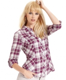 In fall's favorite pattern, this GUESS plaid shirt pairs with all your fave jeans!