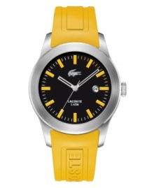 Get noticed in a classically preppy design from Lacoste. Yellow rubber strap with embossed Lacoste logo and stainless steel case. Black dial with logo, round date window, silvertone indicators and yellow stick indexes. Three hands. Quartz movement. Water resistant to 50 meters. Two-year limited warranty.