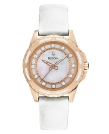 Timeless sophistication, by Bulova. Watch crafted of white lizard leather strap and round rose gold-plated stainless steel case. White enamel at bezel. White mother-of-pearl dial features diamond accents at markers, inner rose-gold tone ring with minute track, three hands and logo. Quartz movement. Water resistant to 30 meters. Three-year limited warranty.