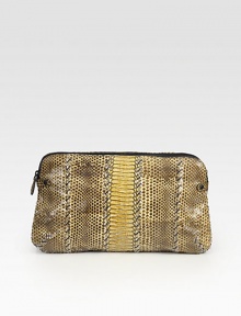 A chic, easy shape carefully crafted of ultra-luxe genuine cobra with soft lambskin leather accents. Top zip closureTwo inside zip compartmentsSuede lining13¾W X 8H X 1¾DMade in Italy A chic, easy shape carefully crafted of ultra-luxe genuine cobra with soft lambskin leather accents. Top zip closureTwo inside zip compartmentsSuede lining13¾W X 8H X 1¾DMade in Italy
