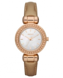 A ravishing look by DKNY. This darling watch shimmers with rosy sparkle and supple leather.