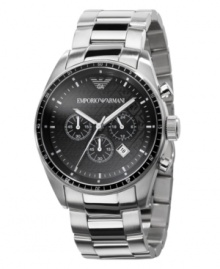 Sporty style with a luxe edge from Emporio Armani. Stainless steel bracelet and case. Black chronograph dial with logo, date window, silvertone accents and three subdials. Three hands. Quartz movement. Water resistant to 50 meters. Two-year limited warranty.