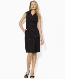 Channeling the timeless elegance of a classic trenchcoat, our sleeveless belted dress is designed in sleek, stretch cotton twill for a feminine silhouette from Lauren by Ralph Lauren. Channeling the timeless elegance of a classic trenchcoat, our sleeveless belted dress is designed in sleek, stretch cotton twill for a feminine silhouette from Lauren by Ralph Lauren.
