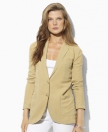 A sleek two-button jacket is rendered in a soft blend of silk and linen, creating a chic layering piece from Lauren by Ralph Lauren. A sleek two-button jacket is rendered in a soft blend of silk and linen, creating a chic layering piece from Lauren by Ralph Lauren.
