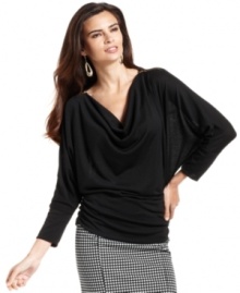 Alfani decks out this petite draped top with shiny gold zippers at each shoulder and a flattering fit. Alfani decks out this petite draped top with shiny gold zippers at each shoulder and a flattering fit.