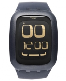 This black and gold digital watch from Swatch's Touch Black collection boasts innovative touch-screen technology, making it a multi-functional accessory.