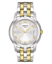 Luminous stainless steel in two soft tones meld with impeccably timeless style in this men's watch from Tissot. Silvertone stainless steel bracelet with goldtone accents. Stainless steel round case and round silvertone dial with logo, dage window and roman numeral indices. Quartz movement. Water resistant to 30 meters. Two-year limited warranty.