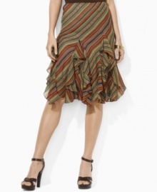 Lauren by Ralph Lauren's breezy silk georgette construction is enlivened with a bold allover striped pattern. Lauren by Ralph Lauren's breezy silk georgette construction is enlivened with a bold allover striped pattern.