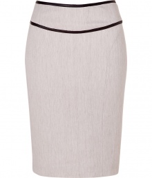 Elegant pencil skirt in fine, ecru cotton and linen blend - Particularly comfortable, thanks to a touch of stretch - Classic slim, curve-hugging silhouette - Hits just above the knee - Chic leather trim snakes the waist and hips - Contrast zip extends from small of the back to hem - Polished and versatile, a must for work, dressy luncheons and cocktails - Pair with a silk button down blouse, cropped leather jacket and pumps Elegant pencil skirt in fine, ecru cotton and linen blend - Particularly comfortable, thanks to a touch of stretch - Classic slim, curve-hugging silhouette - Hits just above the knee - Chic leather trim snakes the waist and hips - Contrast zip extends from small of the back to hem - Polished and versatile, a must for work, dressy luncheons and cocktails - Pair with a silk button down blouse, cropped leather jacket and pumps