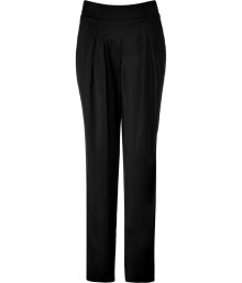 Elegant trousers in a mix of fine silk and viscose - A thoughtful touch of elastic make them wonderfully comfortable and incredibly flattering- Design features a broad saddle, pleats and a slim leg - A must-have basic, pants transition seamlessly from business to evening- Features two streamlined pockets at the hips - Style with trendy ankle boots and a sexy silk blouse in a bold color