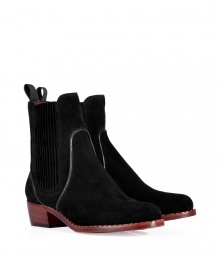 Understated and chic, these tomboy-inspired suede ankle boots will instantly elevate your everyday style - Round toe, chunky low stacked heel, elasticized side vents, back pull-on tab, ankle length - Wear with skinny jeans and an oversized blouse or a mini-dress and ribbed tights